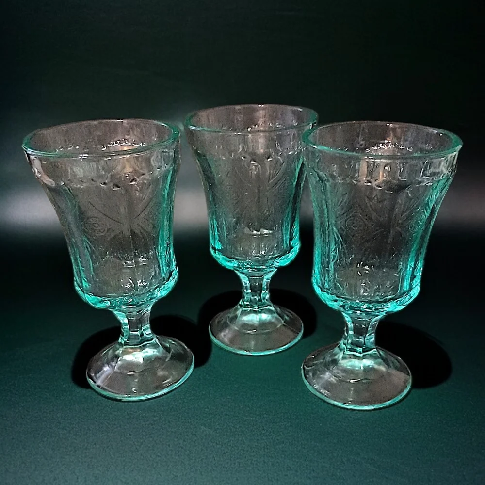 3 Indiana Glass‎ Recollection Goblet Glass Teal Aqua Vintage Beach Cottage House